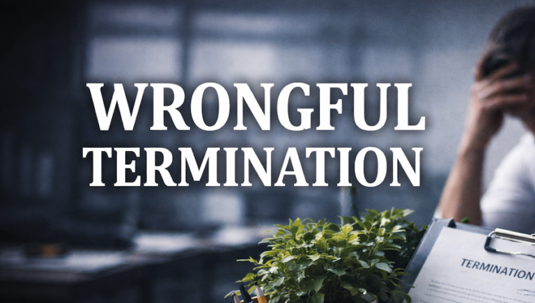 “Wrongful Termination” headline over an office scene with a cardboard box of personal items and a termination notice on a desk, with a distressed employee blurred in the background.