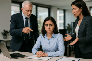 Woman sits at desk looking concerned while two colleagues confront her in a modern office, illustrating workplace harassment in California.