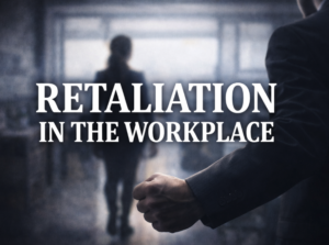“Retaliation in the Workplace” headline over a blurred office scene with a clenched fist in the foreground and a person walking away in the background.