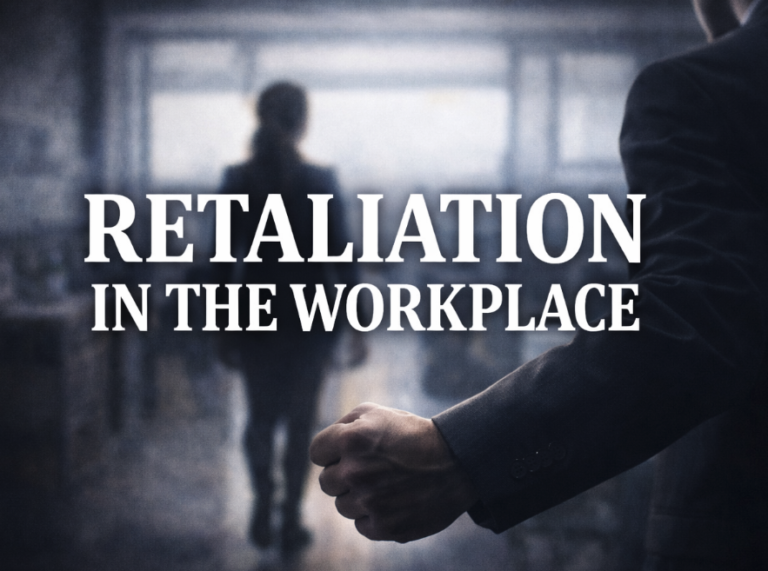 “Retaliation in the Workplace” headline over a blurred office scene with a clenched fist in the foreground and a person walking away in the background.