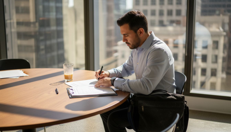 Employee reading and signing contract in office