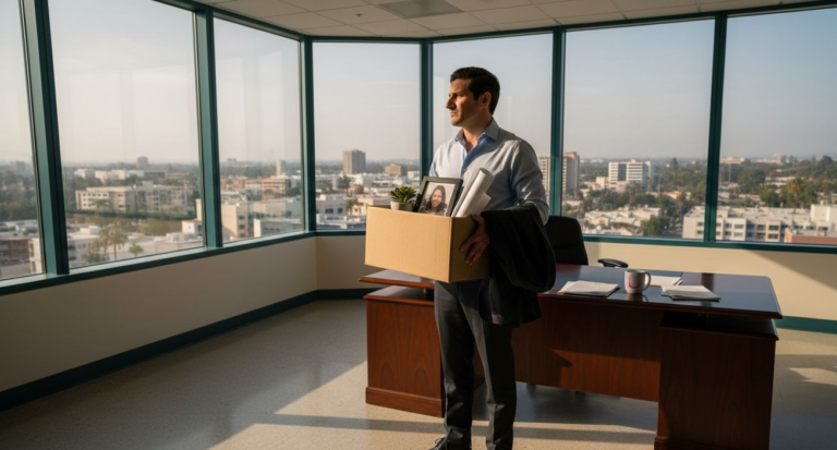 Dismissed employee leaving Pasadena office