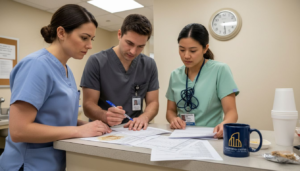 Healthcare staff checking timesheets in hospital lounge