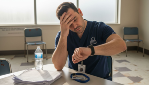 Tired male nurse reviews shift schedule