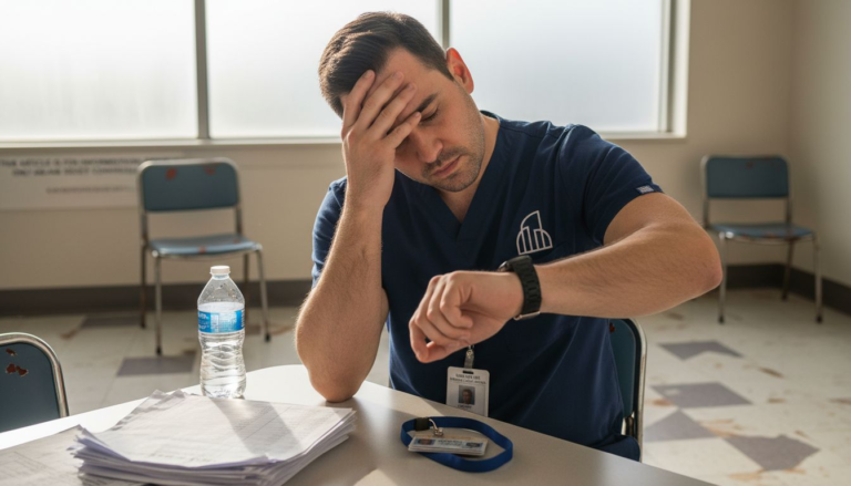 Tired male nurse reviews shift schedule