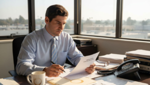 Employee reviewing termination letter in office