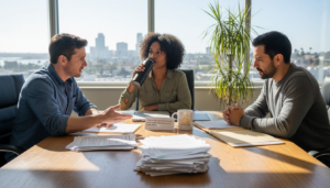 Workers meeting to discuss safety rights