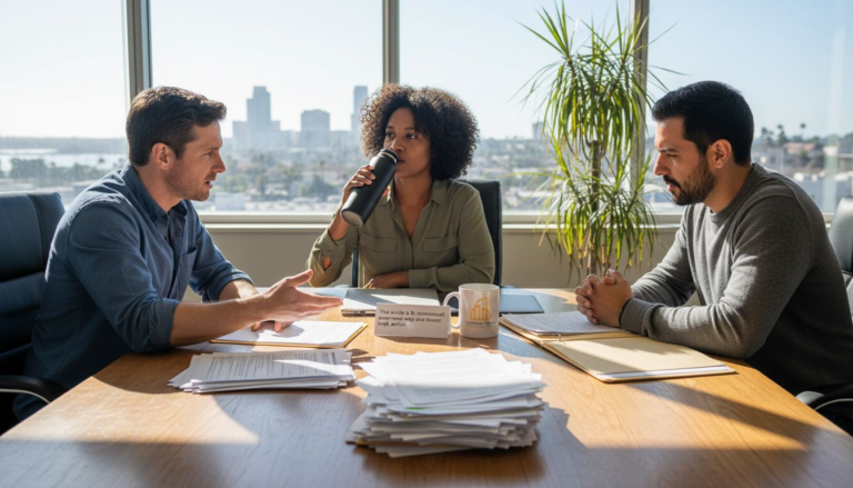 Workers meeting to discuss safety rights