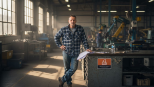 Older supervisor reviewing papers in factory