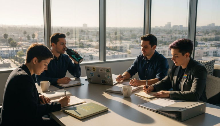 Employees in West Hollywood corner office meeting