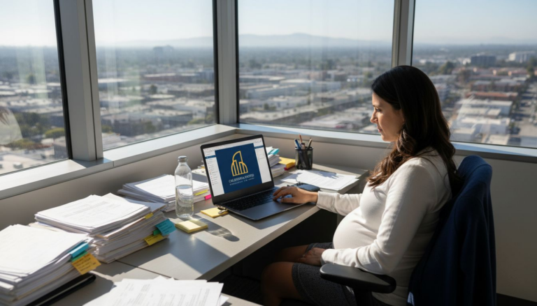 Pregnant employee reviewing calendar in Glendale office