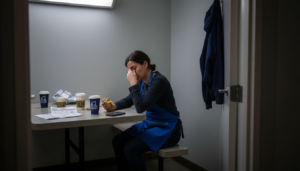 Retail worker taking a break in back room