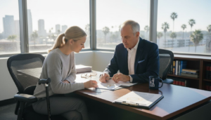 Employer meeting with disabled employee in bright office