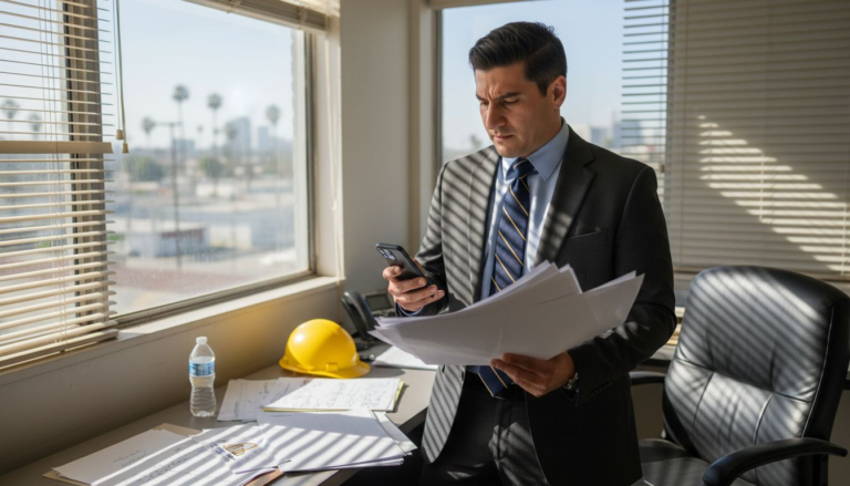 Construction manager checking phone in small office