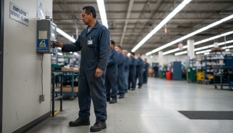 Factory worker clocking in at plant entrance