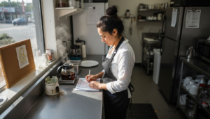Waitress reviews schedule near tip jar and coffee