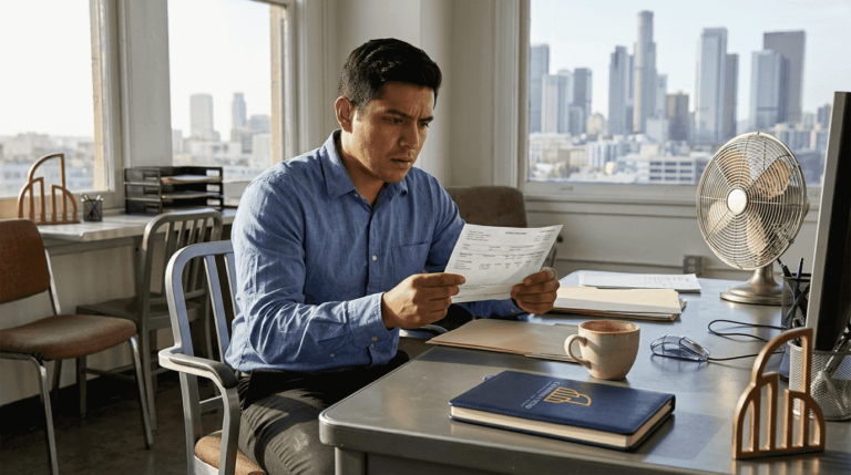 Worried LA office worker reviewing paystub