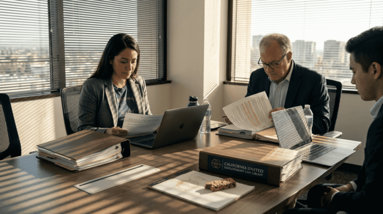 Team reviews legal documents in office