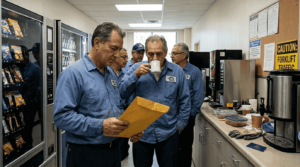 Older factory workers after layoffs in break room