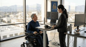 Developer in wheelchair collaborating in Pasadena office