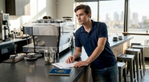 Hospitality worker at bar reviewing work schedule