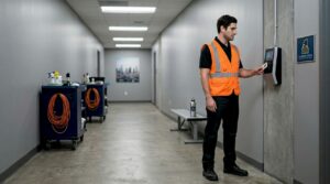 Stadium worker clocking in for event shift