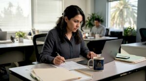 Employee verifying paystub at cluttered office desk