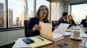 Attorney reviews case file in LA office