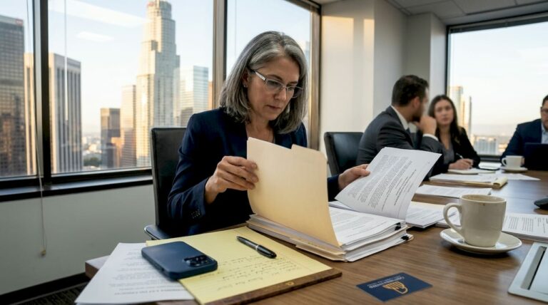 Attorney reviews case file in LA office