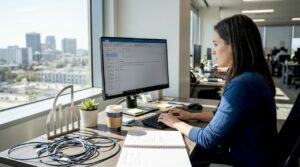 Tech employee writing discrimination report at desk