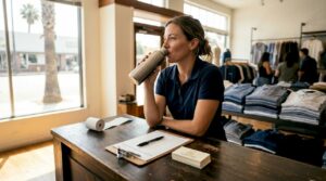 Retail worker takes break at counter