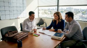 Attorney meeting with client at law office