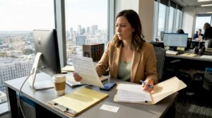 Tech worker reading severance agreement at desk