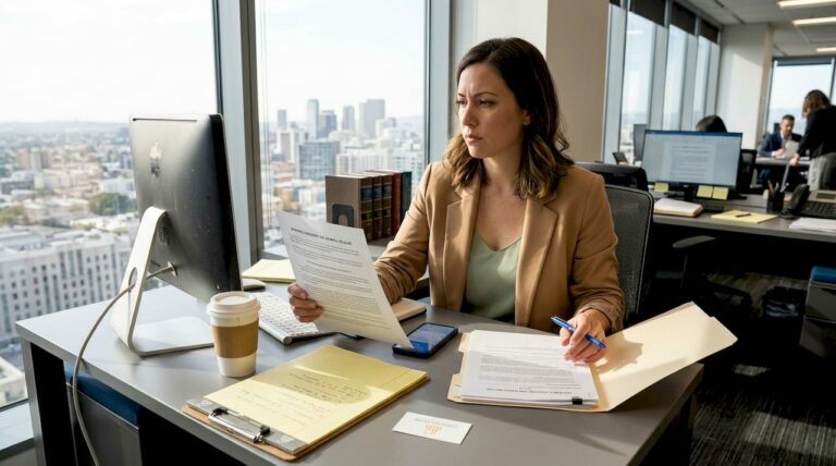 Tech worker reading severance agreement at desk
