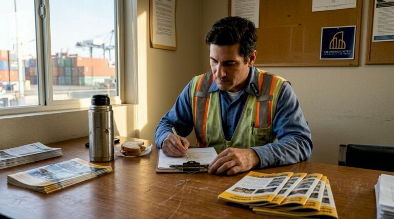 Port worker completing safety report in break room