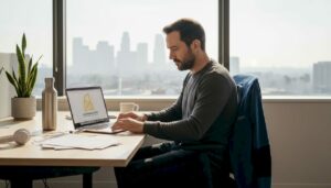 Tech worker searching jobs after layoff in office