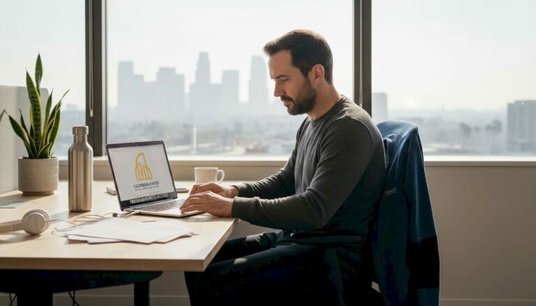 Tech worker searching jobs after layoff in office