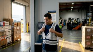 Warehouse worker starting shift vest time clock