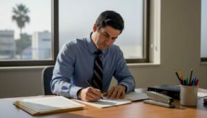 Man filing discrimination paperwork in office