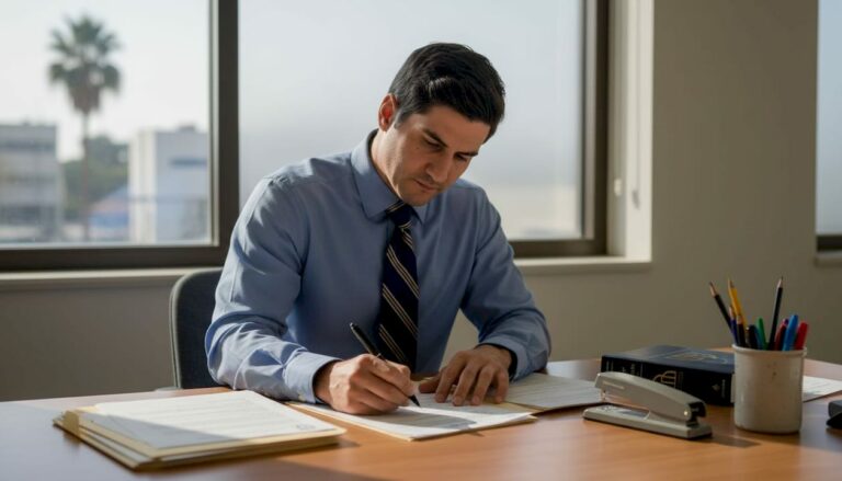 Man filing discrimination paperwork in office