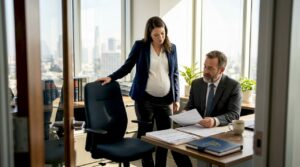 Pregnant employee discussing paperwork with manager