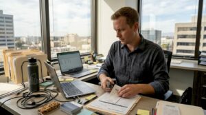 Office worker preparing reimbursement paperwork at desk
