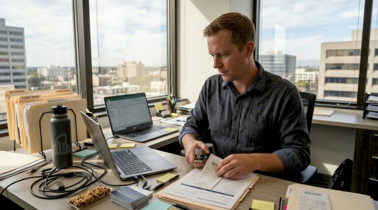 Office worker preparing reimbursement paperwork at desk