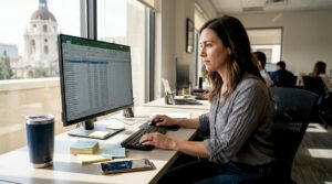 Pasadena office worker reviewing spreadsheet
