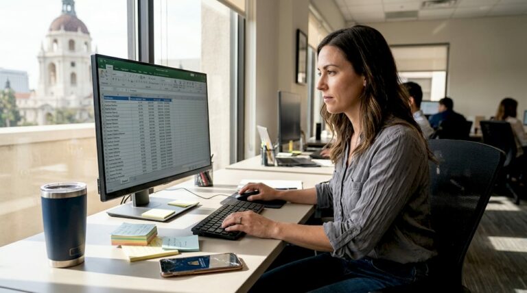 Pasadena office worker reviewing spreadsheet