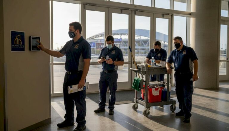 Stadium workers clocking in before event shift