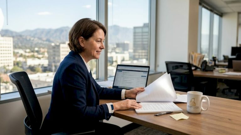 Worker reviewing legal documents in Burbank office