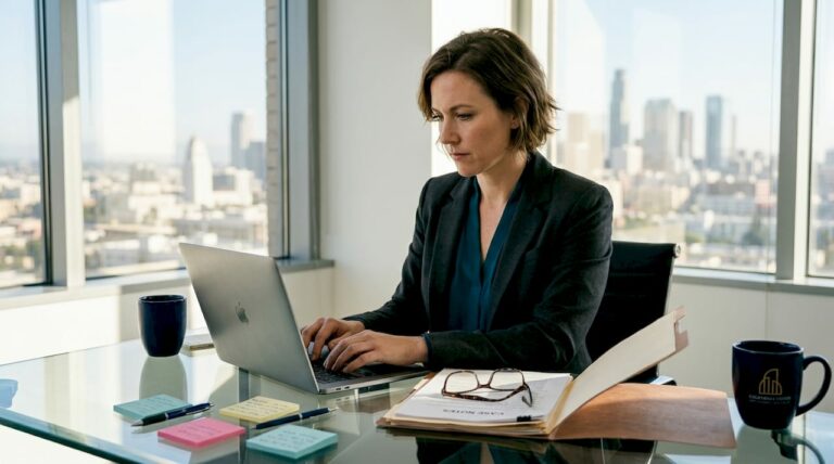 Executive reviewing documents in office with sunlight