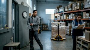 Warehouse workers starting shift in morning