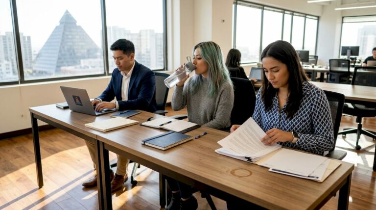 Diverse workers at shared desk in office